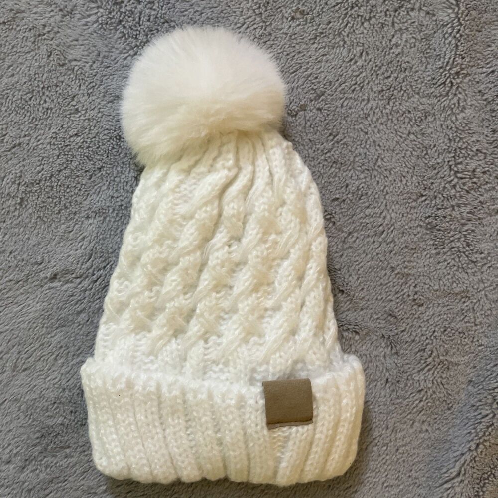 Cable Knit Beanie Faux Fur Pom Pom Winter Hat Fleece Sherpa Lined Cuff